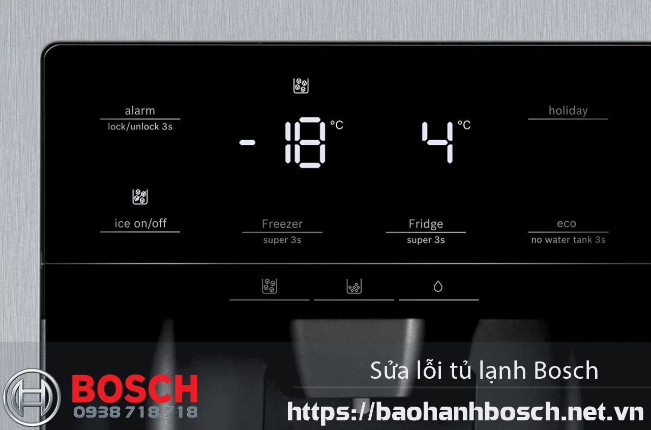 Bảng điều khiển tủ lạnh Bosch hiển thị nhiệt độ, chức năng và các tùy chọn sửa chữa bảo hành tủ lạnh Bosch tại Việt Nam.