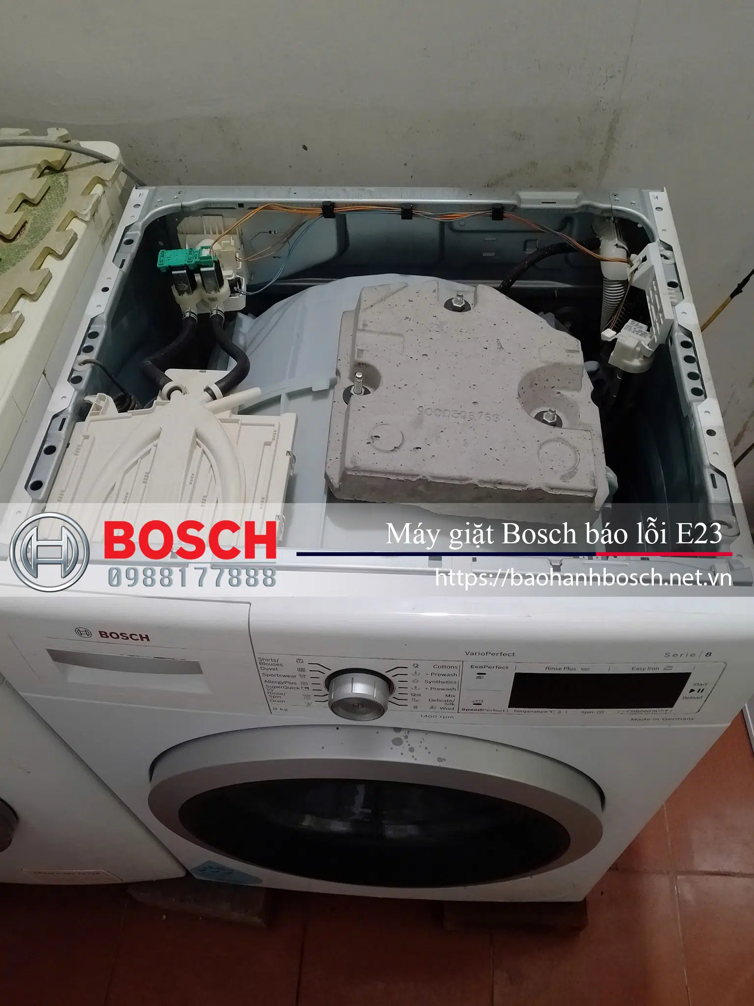 Máy giặt Bosch báo lỗi E23 nếu phát hiện có sự cố rò rỉ nước