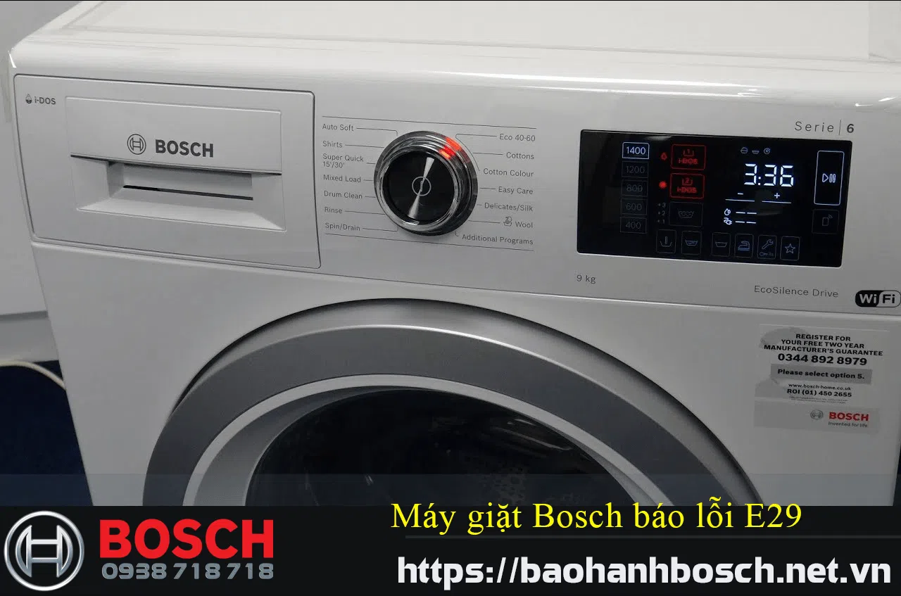 Lỗi E29 trên máy giặt Bosch, cảnh báo lỗi liên quan đến hệ thống điều when, cần kiểm tra hoặc bảo dưỡng để đảm bảo hoạt động ổn định.