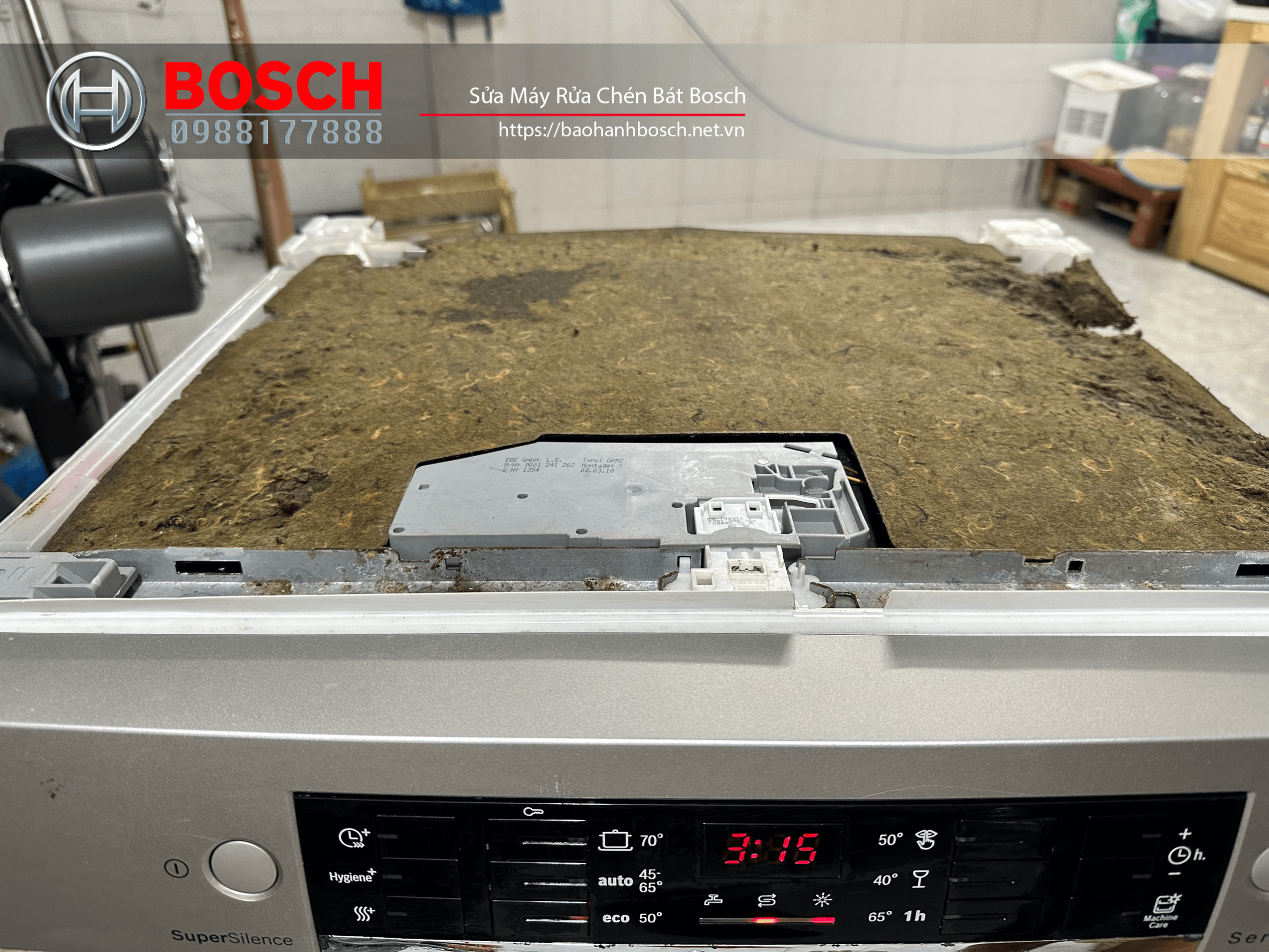 Lỗ mở của bồn rửa máy Bosch bị bụi côn trùng và rêu phủ kín, cần bảo trì vệ sinh để đảm bảo hoạt động hiệu quả và kéo dài tuổi thọ thiết bị.