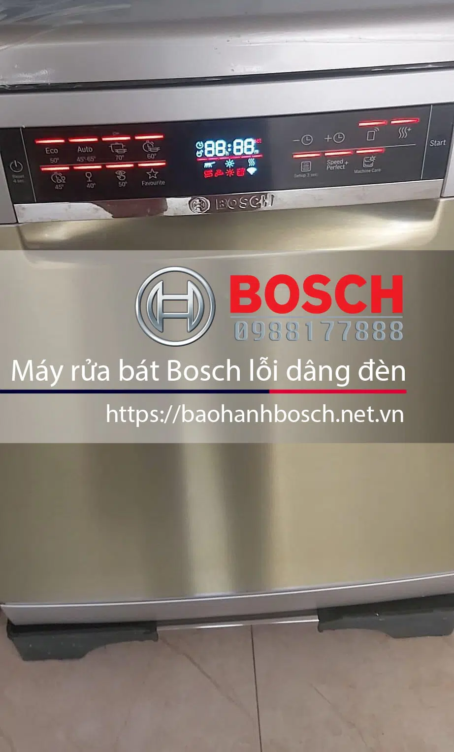 Bảng điều khiển của máy rửa bát Bosch, hiển thị chức năng và trạng thái hoạt động, thể hiện dịch vụ bảo hành và lỗi thường gặp, đảm bảo hoạt động hiệu quả.