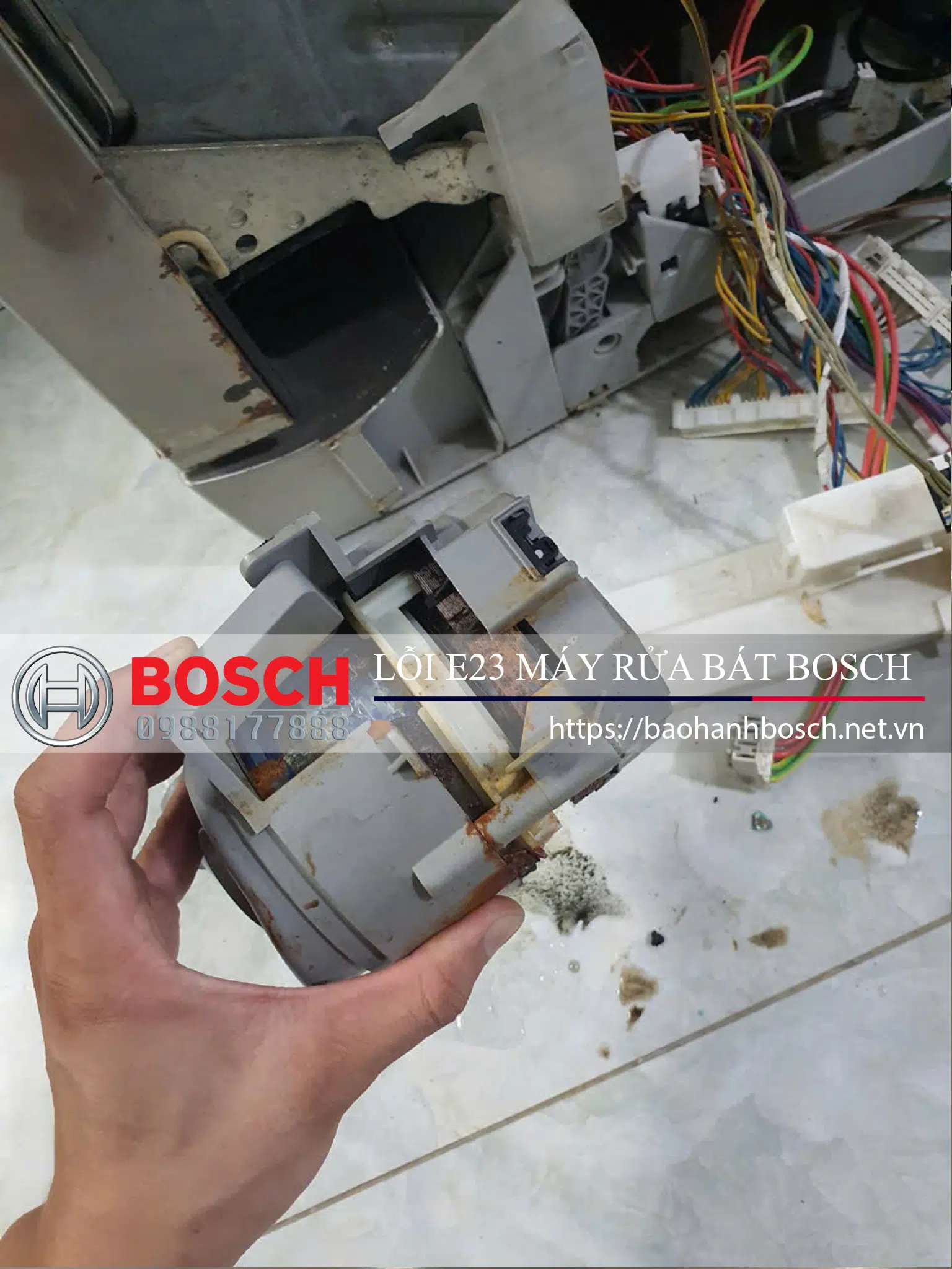 Lỗi E23 máy rửa bát Bosch do hỏng bơm thoát