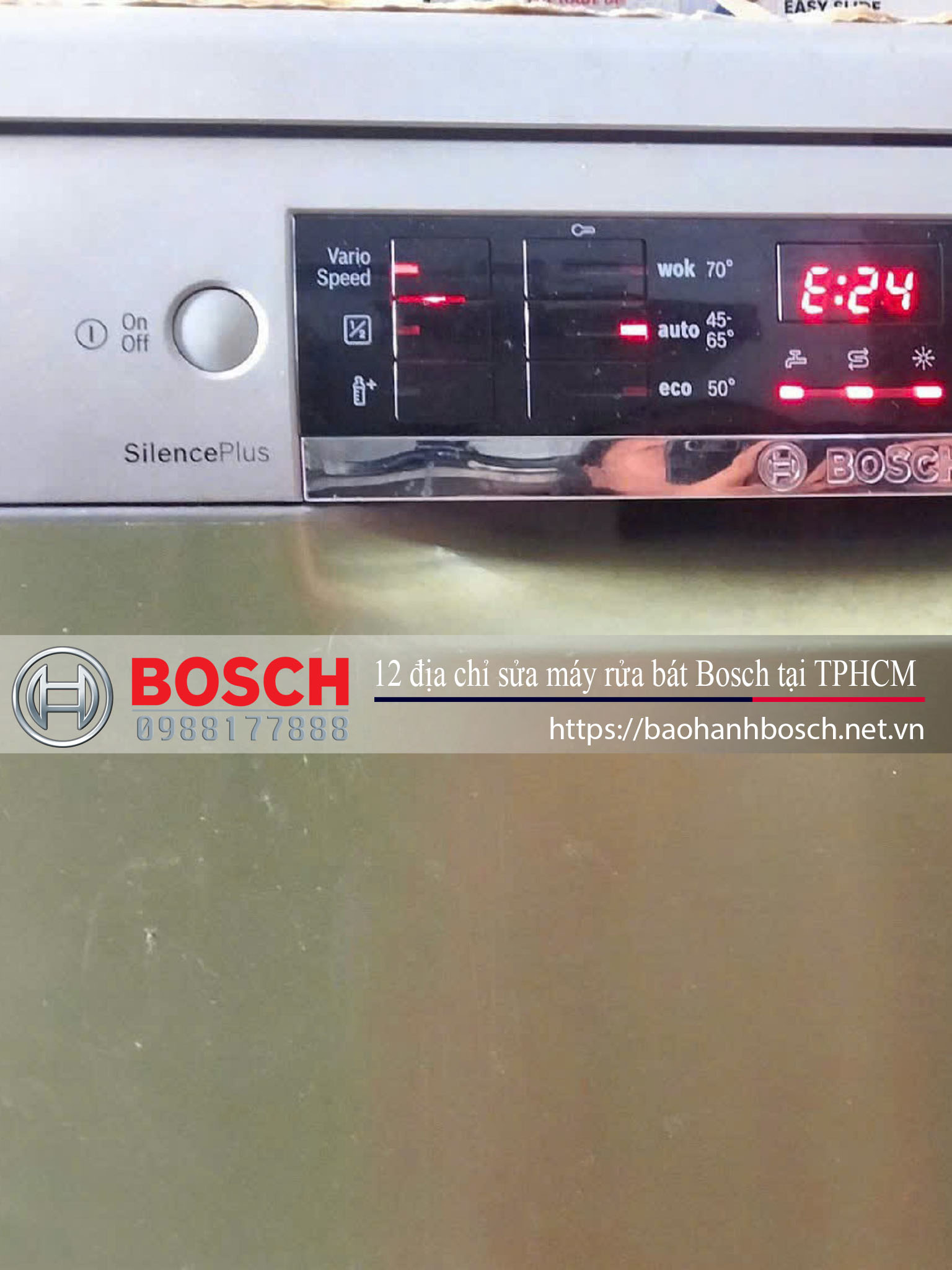 Đầu điều khiển máy rửa bát Bosch chính hãng, hiển thị rõ ràng các chế độ và thời gian hoạt động, đảm bảo hiệu quả vệ sinh cao và độ bền lâu dài.
